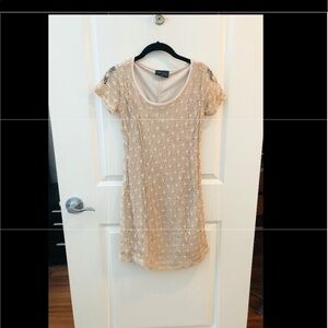 Rosegold Petite Tan Net Lace Overlay Dress
